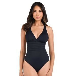 La Blanca Island Goddess Multi Strap Cross Back One Piece Swimsuit Black 8 NWT